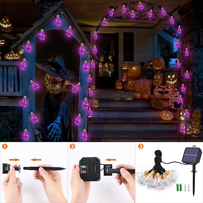 Orange & Purple Solar Halloween Lights Outdoor, 20Ft Black Hemp Rope Halloween String Lights, Waterproof Orange Purple Lights with 8 Modes 16 Shatterproof Bulbs for Patio, Yard, Party, Halloween Decor