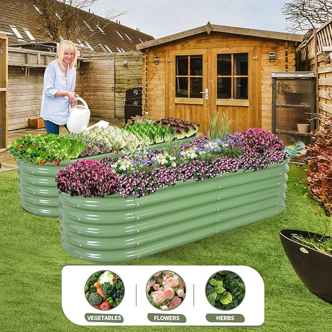 Galvanized Raised Garden Bed Outdoor- Raised Beds for Gardening| Metal Planter Box, Steel Raised Garden Bed Kit with Safety Edging and Gloves for Vegetables, Flower, Herbs (6x2x1.4FT, Green)