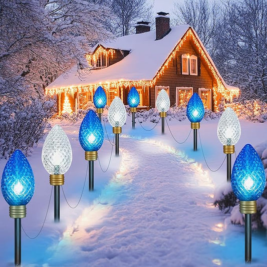 Moonflor Strawberry Super Jumbo Christmas Lights Outdoor - 2Pack Total 22FT 10 LED C9 Christmas Pathway String Lights,Christmas Lights Outdoor Decorations for Lawn Holiday Yard Walkway, Blue White
