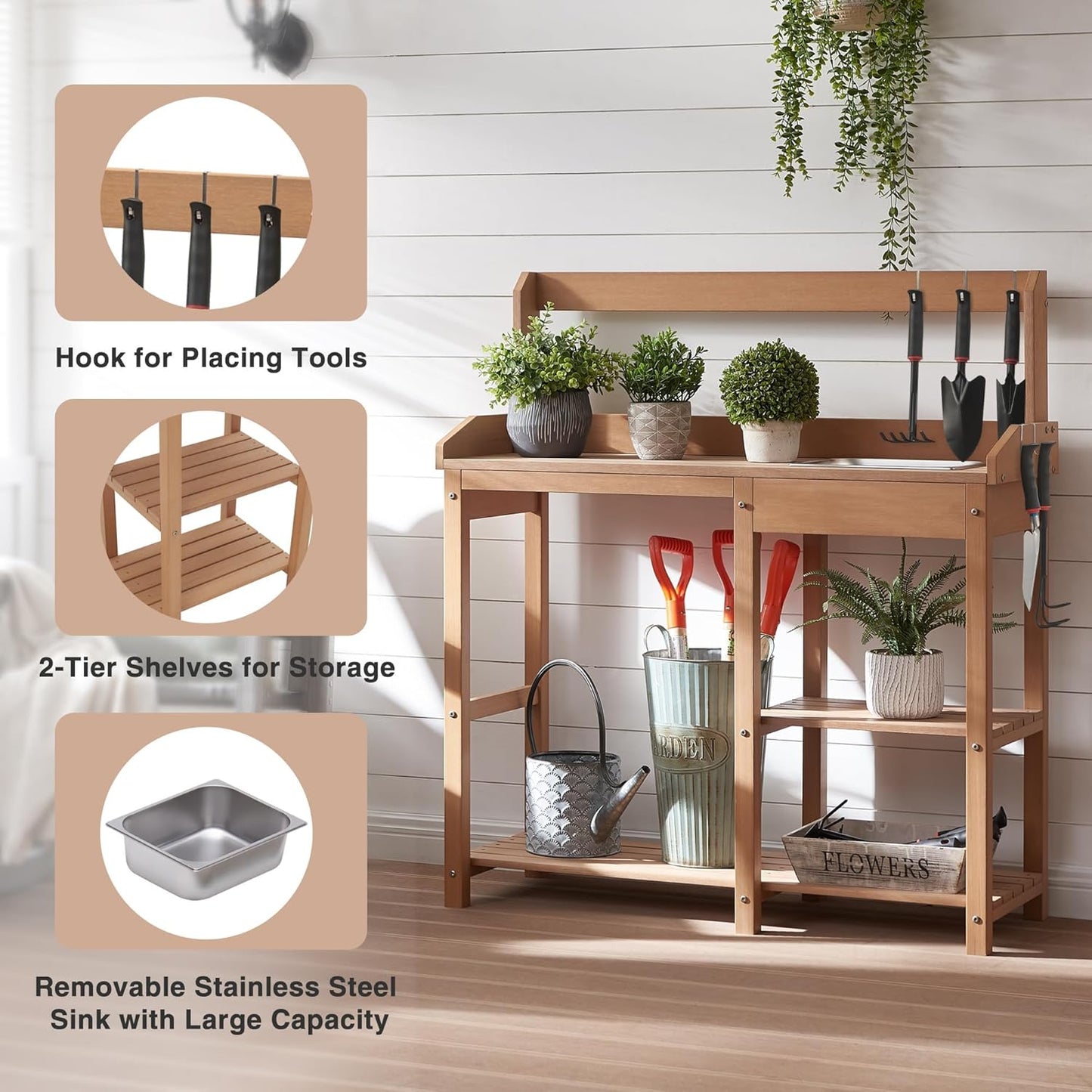 Psilvam Outdoor Potting Bench with Sink for All-Weather Gardens, HDPE Potting Benches for Outside, Planting Table for Garden, Patio and Lawn (Teak Color)