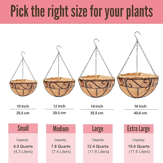 LaLaGreen Hanging Planter for Outdoor Plants (2 Pack, 12 Inch) Hanging Baskets with Coco Liner, Metal Wire Flower Basket Pots with Hook Hanger Balcony Porch Farmhouse Country Style Garden Decor