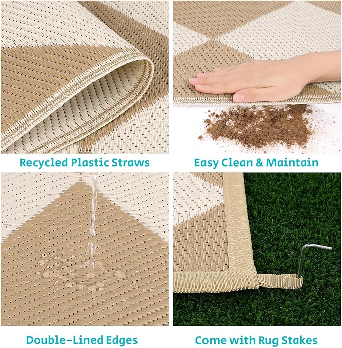 HEBE Outdoor Rug Waterproof 8x10, Plastic Straw Rug Camping Rug, Reversible Outdoor Patio Rugs RV Mat Clearance, Indoor Outside Floor Carpet for Porch,Deck,Camper,Balcony,Backyard