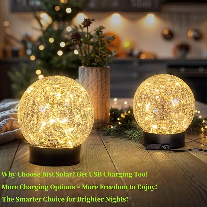 Beautyard Solar Globe Lights Outdoor Large Garden Decor USB Charged 4.72" Diameter 40LED 1000mAh Solar Lights Cracked Glass Globe Power Yard Patio Garden (4.72'' Large 2 Pack Warm White)