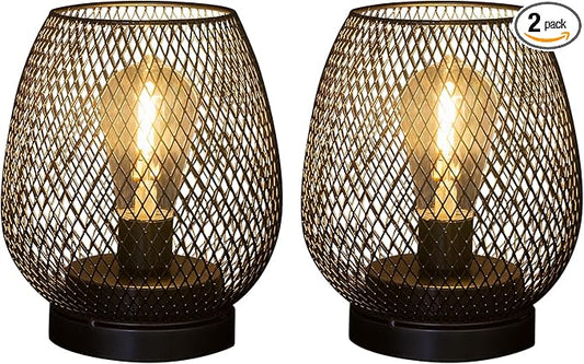 2 Pack Battery Operated Lamp Outdoor Table Lantern,Metal Cage Cordless Lamps with LED Bulb for Weddings Parties Patio Events Indoor Outdoor Patio Bedroom Living Room（Black