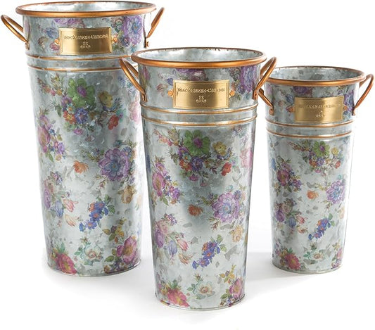 MACKENZIE-CHILDS Galvanized Flower Buckets, Decorative Metal Buckets, Flower Market, Set of 3