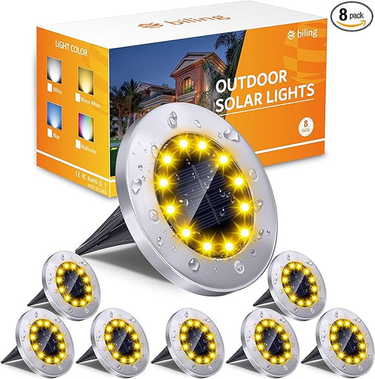 Biling Solar Ground Lights Outdoor 8 Packs, Bright 12 LEDs Solar Lights Outdoor Waterproof, Flat Landscape Lights Solar Powered for Yard Walkway Garden Driveway (Warm White)
