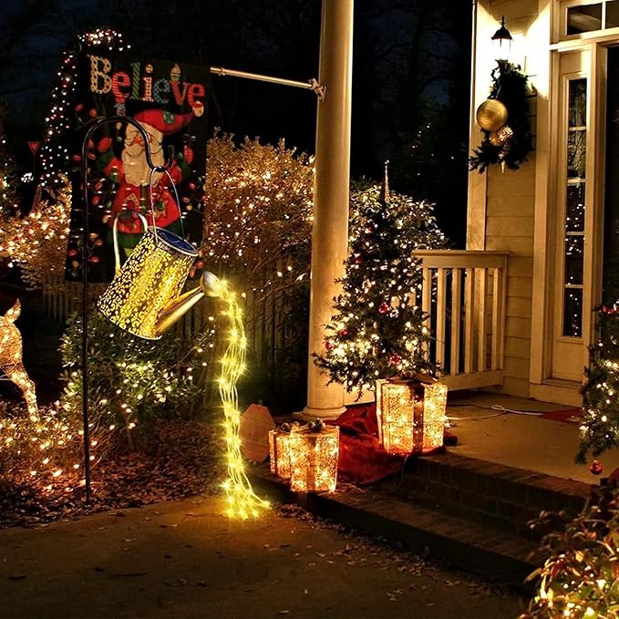 Solar Watering Can Lights Waterproof Garden Decorations - Outdoor Large Fairy Lartern Hanging Retro Metal Kettle Light Star Art Decorative Lamp for Walkway Table Patio Lawn with Bracket