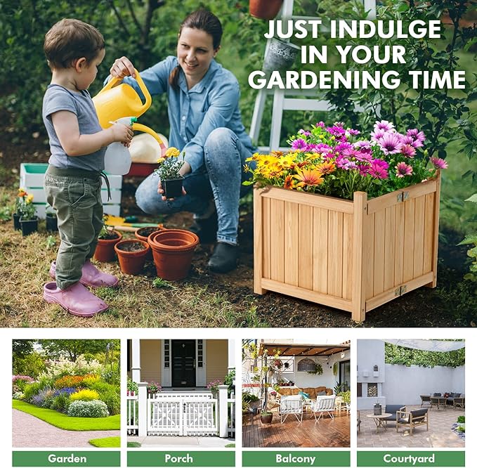 GRAFFY Raised Garden Bed, Folding Wood Planter Box w/Removable Bottom & Drainage, Indoor Outdoor Square Elevated Planter for Flower Herb Vegetable Fruit, Plant Container for Grass Lawn Patio Backyard