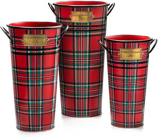MACKENZIE-CHILDS Galvanized Flower Buckets, Decorative Metal Buckets, Tartastic, Set of 3
