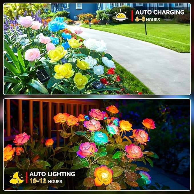 3 Pack Solar Garden Lights Outdoor, Solar Lights Outdoor IP65 Waterproof, 7 Color Changing Solar Powered Flowers Rose Lights for Outside Patio Yard Pathway