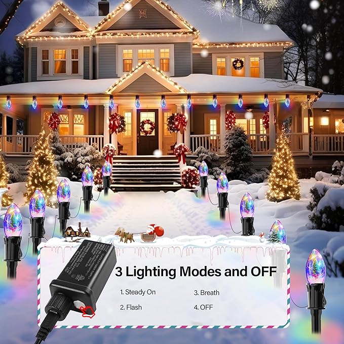 Upgraded 45FT C9 Christmas Pathway Lights Outdoor, 40 C9 LED Bulbs with Stakes, Extendable Waterproof Christmas Lights for Walkway Driveway House Garden Decorations - Multicolor