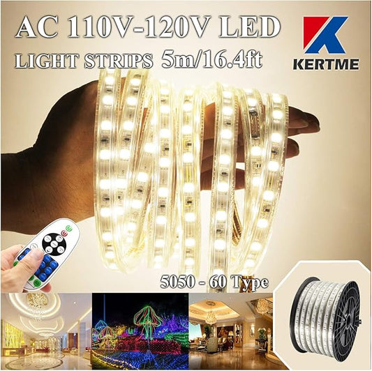 5050-60 Type AC 110-120V LED Strip Lights, Flexible/Waterproof/Dimmable/Multi-Modes LED Rope Light + 23 Keys Remote for Home/Garden/Building Decoration (16.4ft/5m, Natural White 4000K)