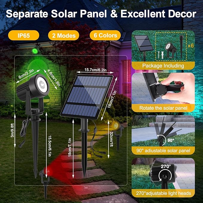 T-SUNUS Solar Spot Lights Outdoor Color Changing 6-in-1, Solar Landscape Spotlights RGB Lighting Waterproof IP65 Wall Lamp 9.8ft Cable for Patio Pathway Yard Garden Holiday (Multi-Color)