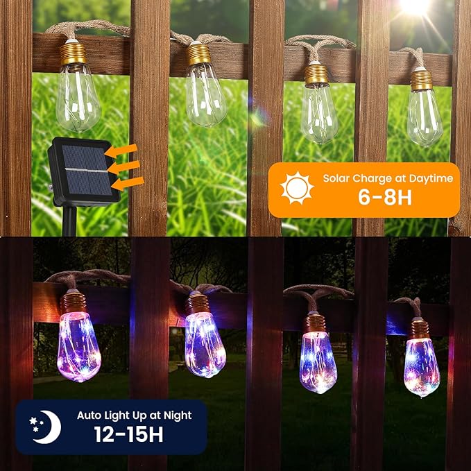 Solar Outdoor String Lights 2Pack 24FT Vintage Rope Hemp Solar Lights with 20 Shatterproof Bulbs,8 Modes Solar Powered Lights with Memory Function, Waterproof for Fence,Balcony,Yard(Multicolor)