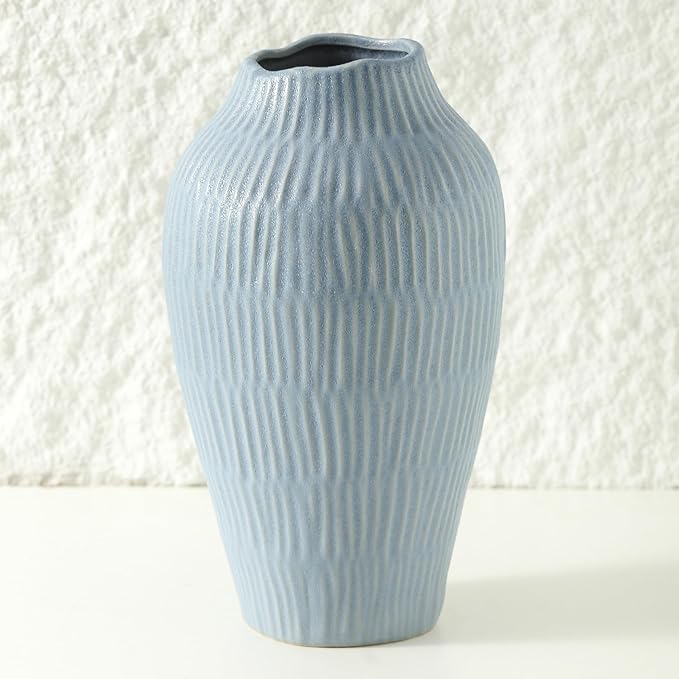 Ceramic Vase for Home Decor,11.6 Inch Flower Vases，Decorative Blue Vase for Pampas Grass，Modern Art Texture Vases for Home Entryway Living Room Dining Table Farmhouse Office Decor-Mat Blue