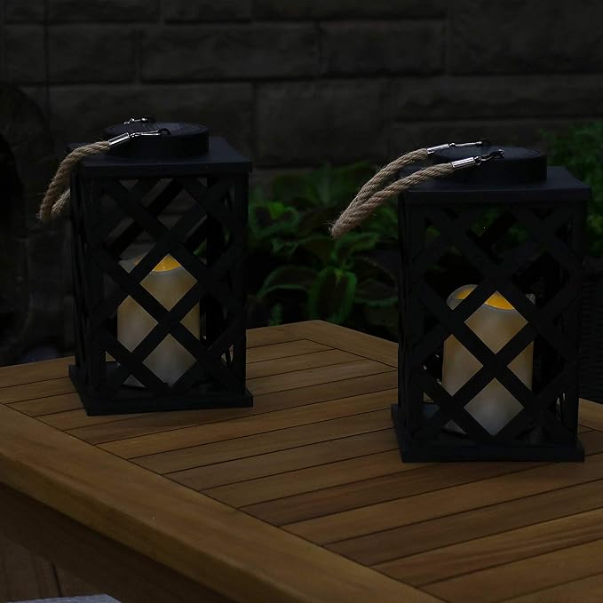 Sunnydaze Modern Crosshatch 9-Inch Solar LED Decorative Candle Lantern - Tabletop/Hanging Light - Set of 2 - Black