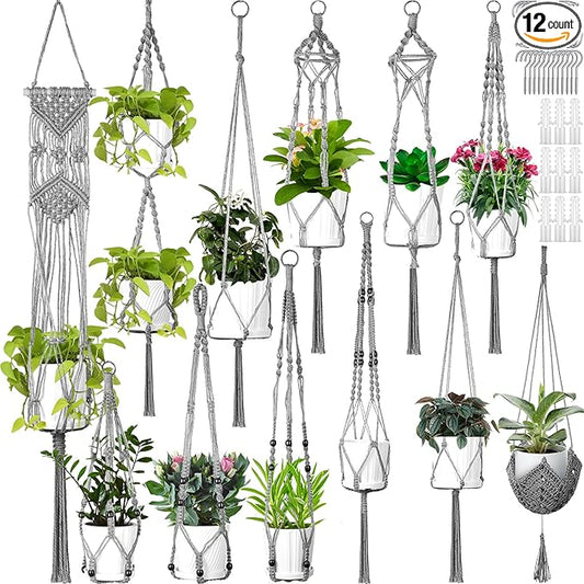 Hoteam 12 Pcs Macrame Plant Hangers Macrame Hanging Planters for Indoor Plants Handmade Boho Hanging Baskets Flower Pots Holder for Outdoor Home Wall Decor