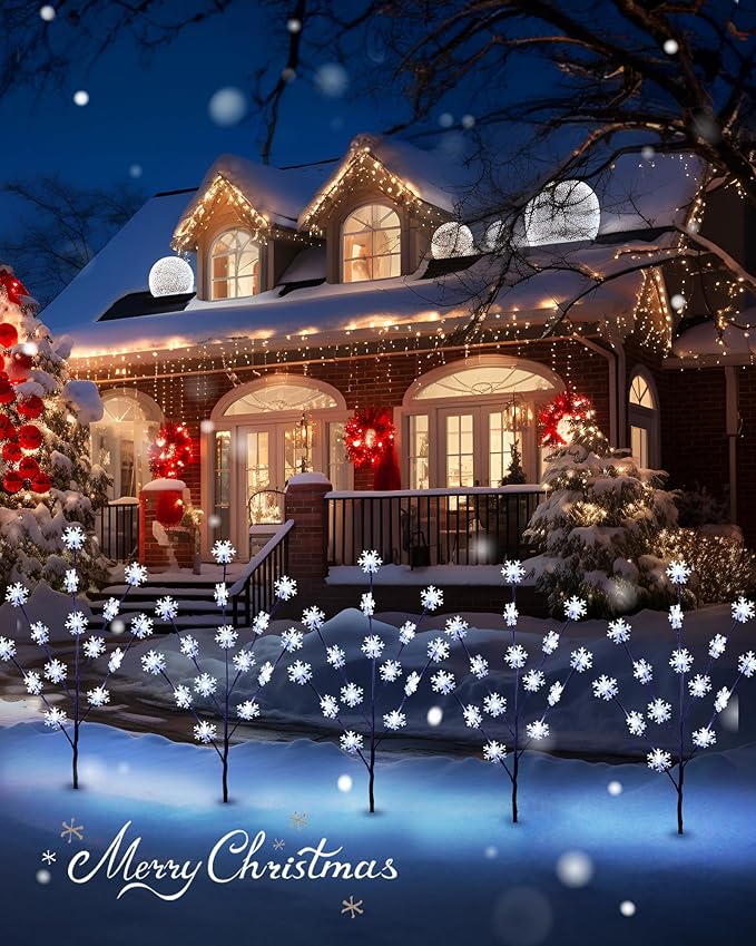 Brightown Snowflake Lights Outdoor Pathway, 8 Packs Lighted Branches Christmas Yard Decor, Small Tree With Lights, Twig Branch Outdoor Christmas Decorations, Pure White