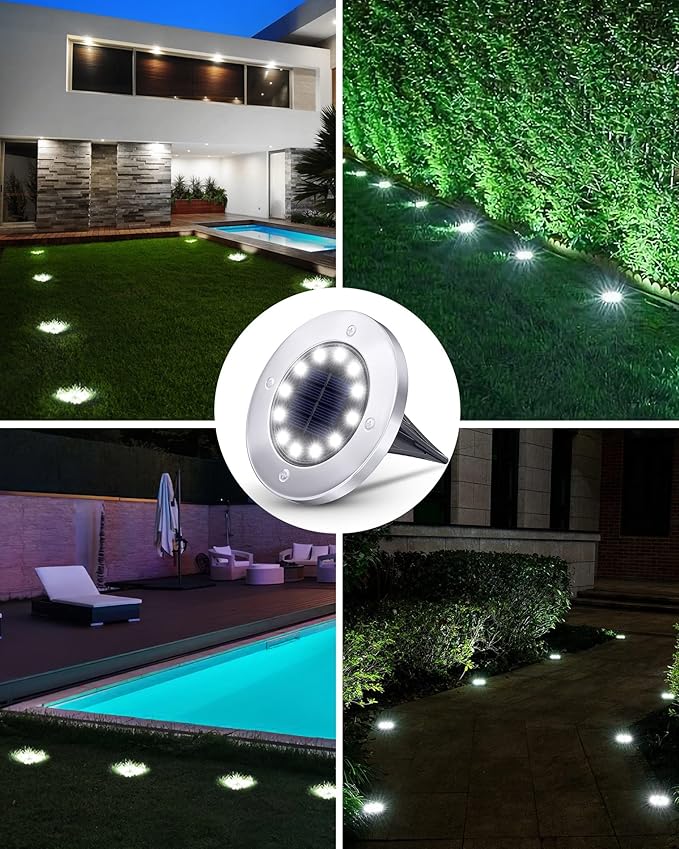 Biling Outdoor Lights 12 Packs, Bright 12 LEDs Waterproof, Ground Flat Pathway Lights Solar Powered for Yard Walkway Garden Driveway (White)
