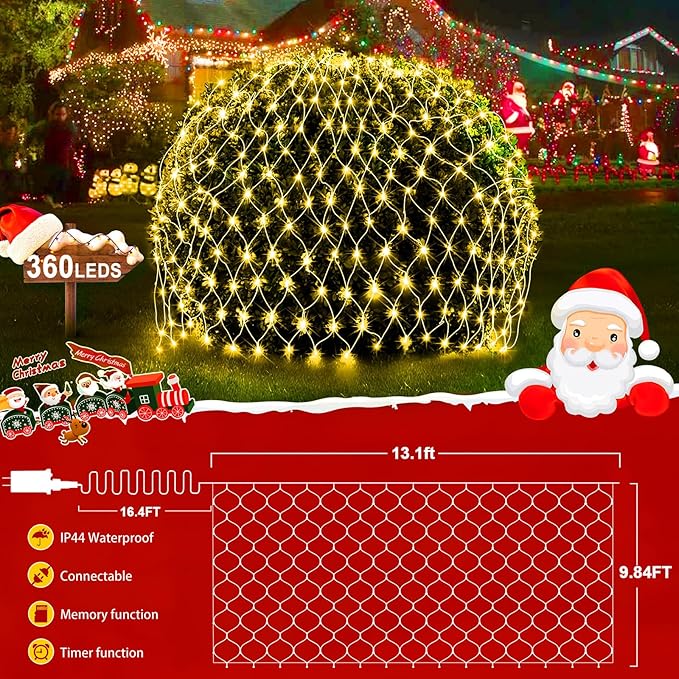 KNONEW 2-Pack 360 LEDs Christmas Net Lights 13ft x 6.6ft Outdoor Mesh Connectable Waterproof 8 Modes & Timer Plug-in Fairy Lights for Bushes Garden Party Wedding Holiday, Warm White