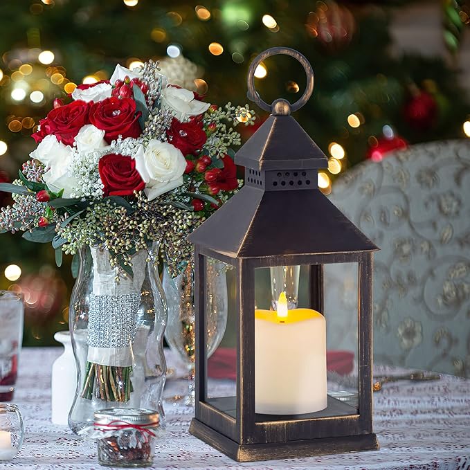 Vintage Golden Brushed Black Lantern Decorative LED Flickering Flameless Candle with Timer, Battery Powered LED Decorative Hanging Lanterns for Indoor Outdoor Garden Yard Home Decor(4 Pack)