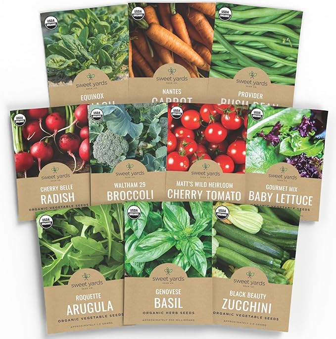 Organic Seeds Essential Variety Pack - 10 Individual Packs - 2025 Season - Summer Squash, Cherry Tomatoes, Arugula, Broccoli and More! for Indoor & Outdoor Planting (Non-GMO, Certified Organic)