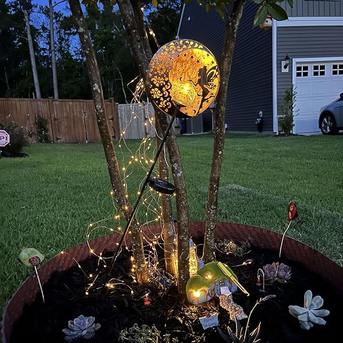 Tryme Solar Fairy Garden Lights - Moon Star Glass Globe Pathway Stake, Waterproof Outdoor Decorative Lights for Patio, Yard, Lawn