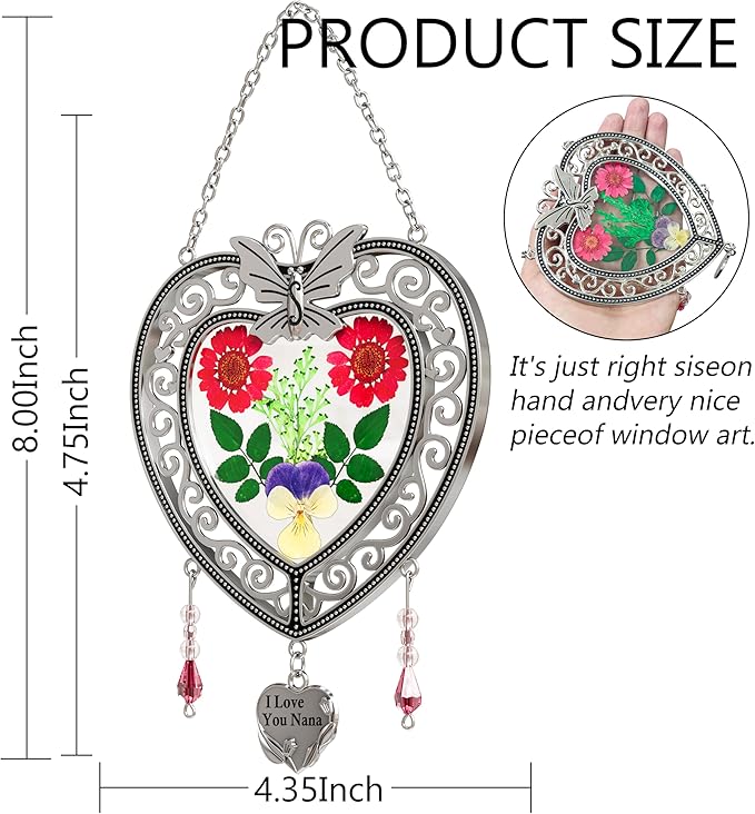 KY&BOSAM Heart Suncatchers I Love You Nana Tree of Life Stained Glass Panels Hangings for Windows Wind Chime Home Garden Outside Decor with Pressed Real Flower Heart in Glass Birthday Gifts for Women