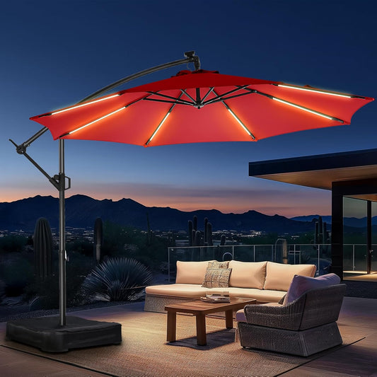 HOMSHADE 10ft Solar Lights Offset Cantilever Patio Umbrella with Light and Base, LED Lighted Offset Hanging Patio Outdoor Market Umbrella UPF50+ UV Protection with Easy Tilt and Crank, Red