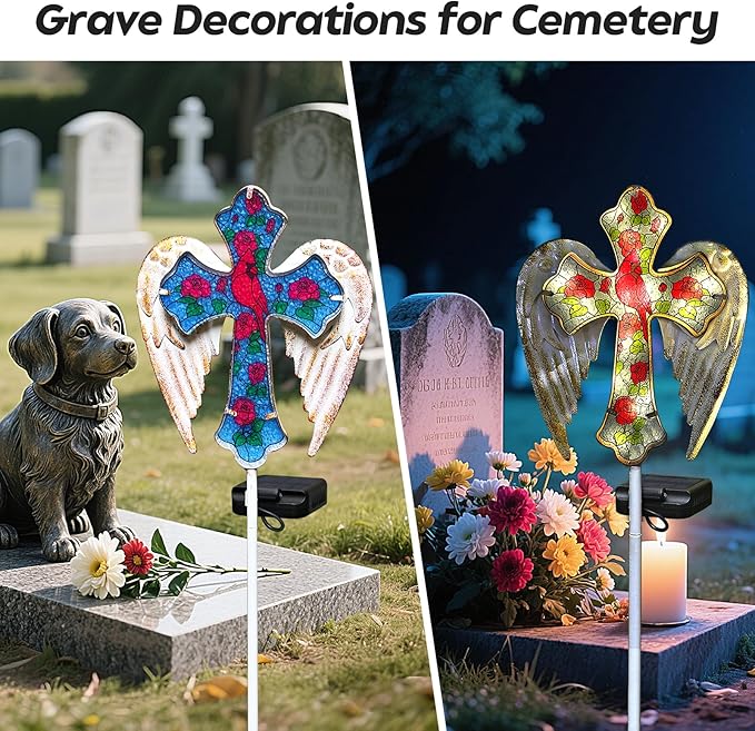 Solar Cross Garden Lights, Solar Cardinal Stake Lights Cemetery Decorations for Grave, Jesus Cross Sympathy Memorial Gifts for Mother Grandma, Glass Garden Art for Yard Lawn Patio Decor