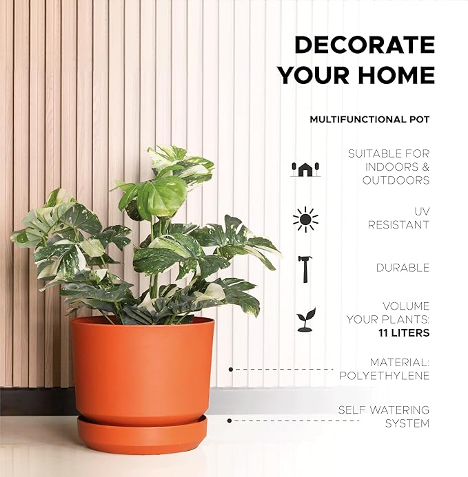 Elly Décor 12 inch Plastic Cylinder Planter Pot with Self-Watering Saucer and Drainage Hole,Lightweight & Extremely Durable, 12"x 12", Terracotta