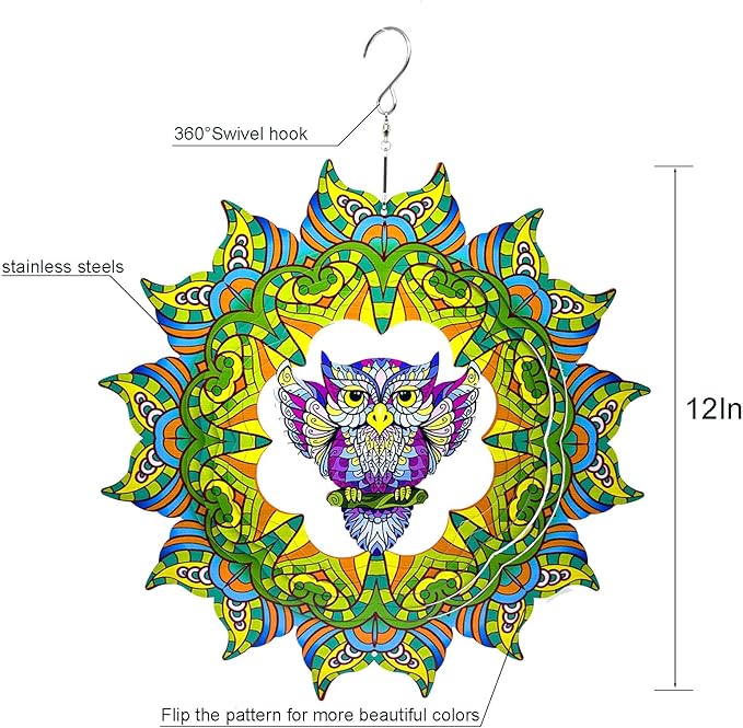 Wind Spinner Colorful Owl 12 inch 3D Stainless Steel Laser Cut Metal Double Sided Printing-Hanging Indoor/Outdoor Decorations Yard Gardening Decor,Metal Kinetic Art Ornament Gifts