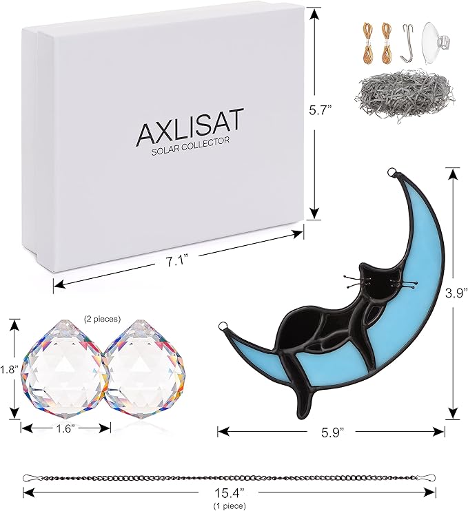 Black Cat Decor On Blue Moon Stained Glass for Window, Crystals Suncatchers for Window Ball Prism Rainbow Maker Chain Easy Hanging, 2 Balls and 1 White Gift Boxe for Cat Lovers Halloween Decor