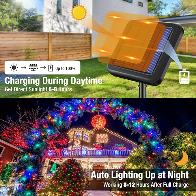 btfarm 4 Pack Solar String Lights Outdoor, Extra Long 480LED 156Ft Solar Christmas Lights Outside Waterproof, 8 Modes Solar Powered Tree Twinkle Light for Garden Yard Patio Party Decoration,Colorful