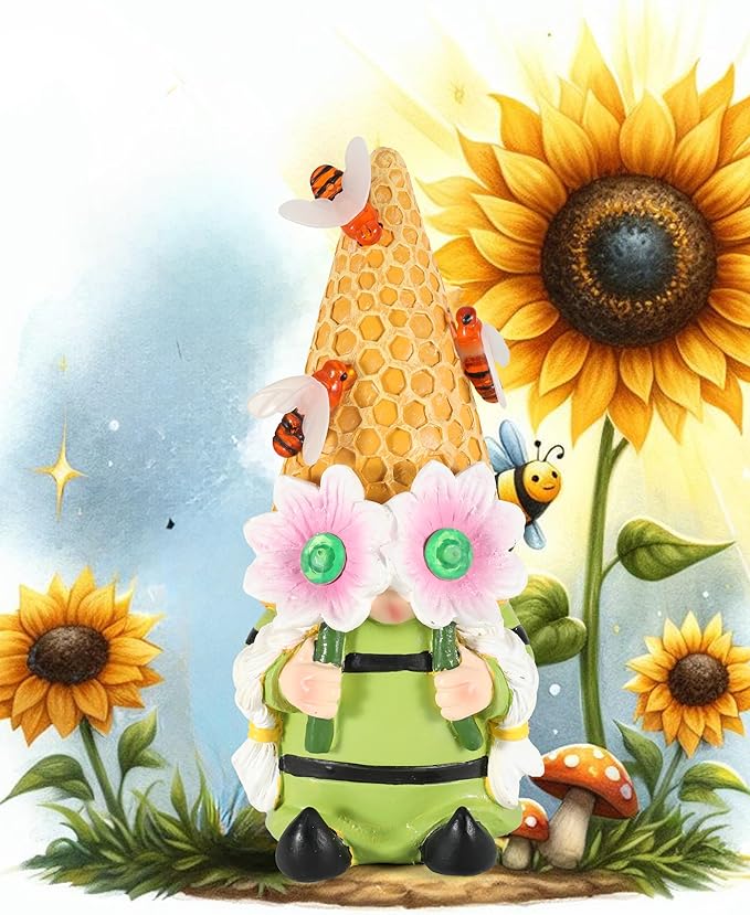 iStatue Solar Garden Gnome Figurine Light with Bees Sunflower, 9.5'' Resin Outdoor Statue for Yard Patio Decor Lawn Ornaments Porch Garden Gifts for Women/Girl (Ms Bee Gnome)
