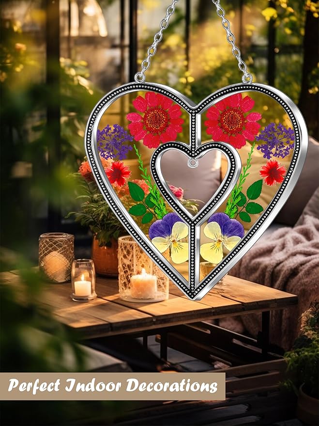 KY&BOSAM Heart Suncatchers DIY Stained Glass Hangings for Windows Wind Chimes Home Gardner Decor with Pressed Real Flowers Heart No Charm Birthday Gifts for Women Mother`s Day Christmas Ornamets