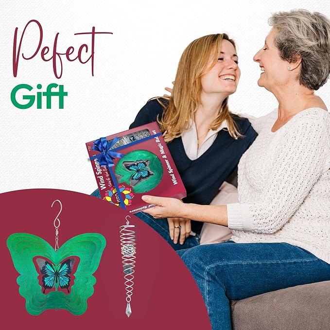 ISEO Butterfly Wind Spinner and Gazing Ball Set, Metal Wind Spinner Garden Decor, Hanging Garden Decorations, Weather-Resistant Outdoor Wind Spinners, 6.5" Spinner Garden Décor