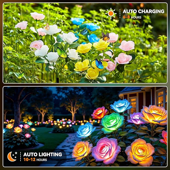 WdtPro 2025 New Solar Lights Outdoor Decorative 6 Pack, Garden Lights Solar Powered Flowers Rose Light Waterproof, Color Changing Solar Outdoor Light for Outside Patio Yard Grave Garden Decor, Gifts