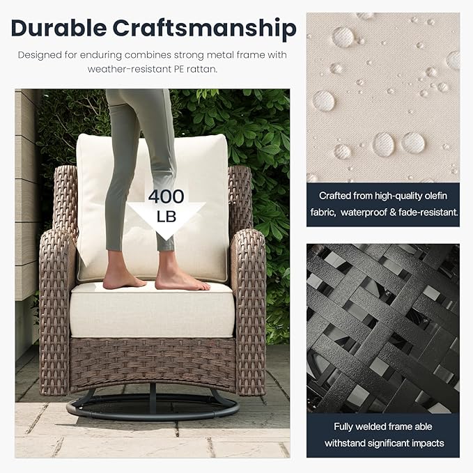 3 Pieces Outdoor Patio Furniture Sets with Single Chairs with 6-inch Thick Cushion and Side Table for Deck Lawn