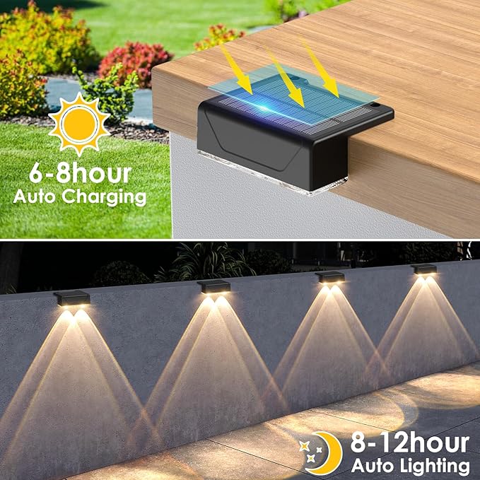 Derynome Solar Fence Outdoor Lights 12 Pack, 3 Color Modes IP45 Waterproof Solar Lights for Outside, Backyard, Railing, Step, Patio & Wall (3000K/4000K/6000K, 12 Pack)