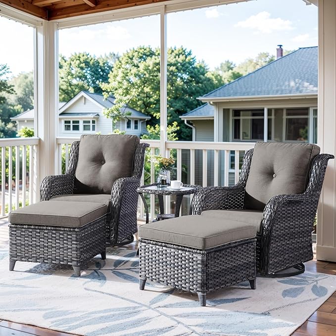 5 Pieces Patio Furniture Sets Wicker Outdoor Furniture, Rattan Patio Swivel Glider Chairs with 2 Ottoman and Glass Side Table