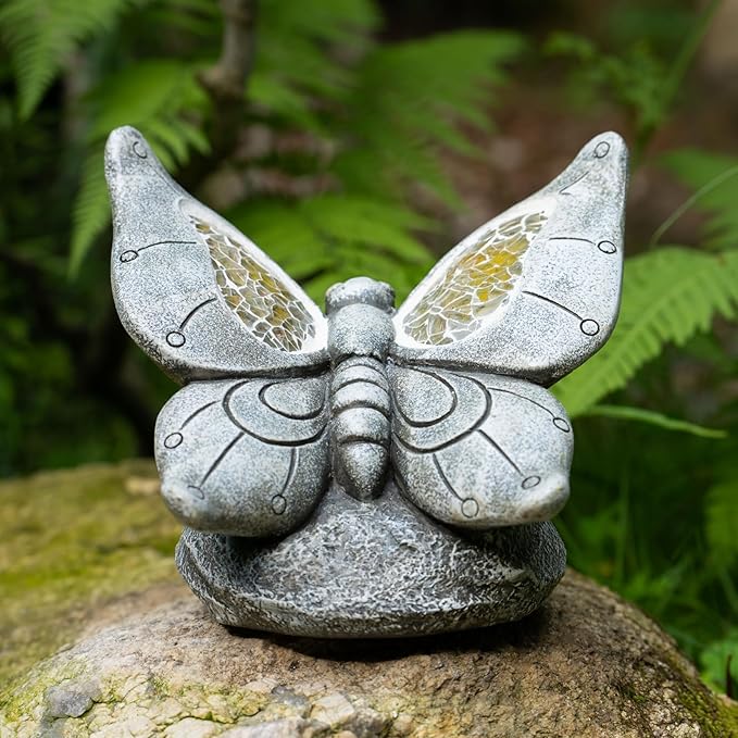 Garden Statue Butterfly,Solar Butterfly Decor for Outdoor,Resin Butterflies Figurine with Solar Light for Patio,Balcony,Yard,Lawn Ornament,Perfect Garden Gift