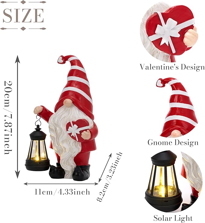 TERESA'S COLLECTIONS Christmas Valentine's Day Decorations for Outdoor Decor, Resin Garden Gnome Holding Gift & Lantern with Solar Lights Outdoor, Garden Decor for Outside Valentine Gifts, 7.87"