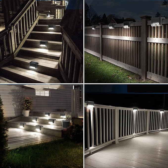 Pearlstar Solar Deck Lights - 16 Waterproof LED Solar Step Lights for Deck, Stairs, Yard, Patio, and Pathway (White, Black)