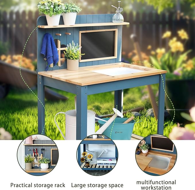 Kids Potting Bench Table Garden Workbench Outdoor Kids Garden Double-Layer Planting Table with Drawing Board Removable Sink,Wood Outdoor Play Kitchen for Toddlers,Backyard and Porch Blue