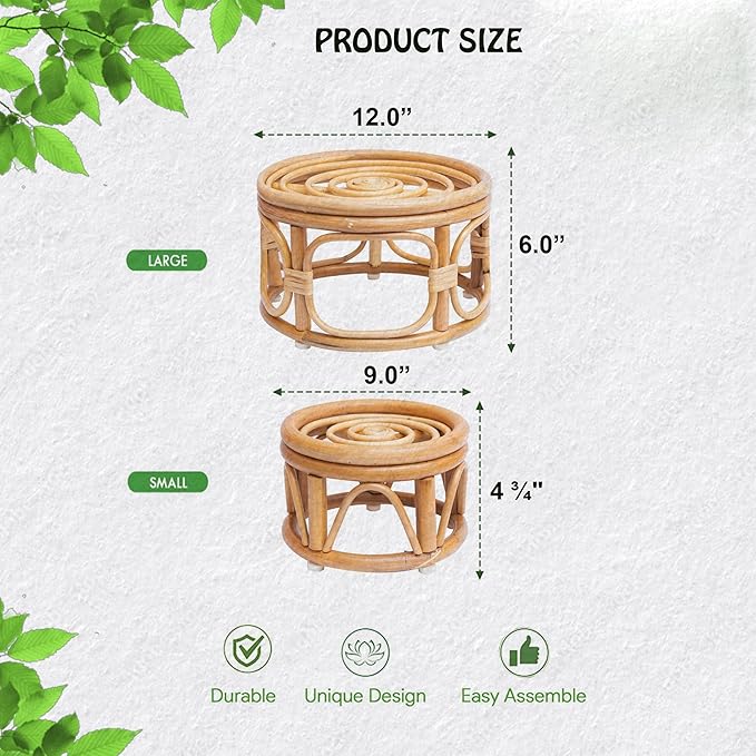 Set of 2 Boho Rattan Woven Round Decorative Risers Plant Stands Indoor, Mid Century Minimalist Modern Plant Stand, Wicker Short Plant Stand Holder Suitable Fits 8'' and 12'' Pots
