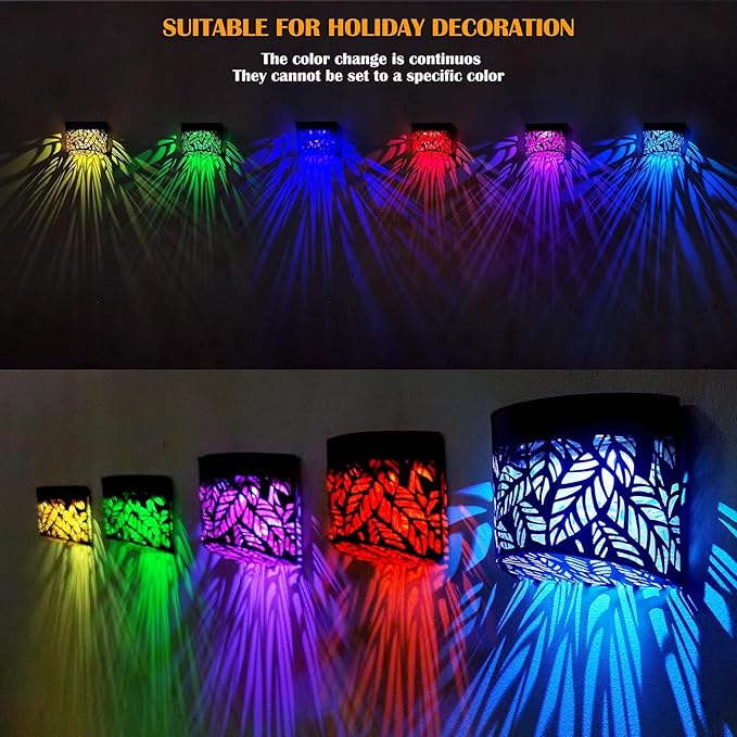 DenicMic Solar Wall Lights Outdoor 4 Pack Fence Solar Lights Led Waterproof Deck Lighting for Patio Pool Step Front Door, Metal Leaf Fence Decoration, Warm White/Color Changing