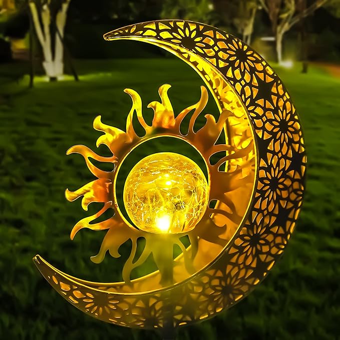 Solar Garden Statues Outdoor Decor, Moon Sun Figurine Light Stake, Housewarming Ornament for Patio, Lawn, Yard, Pathway - Unique Gift Ideas for Gardening Mom Grandma