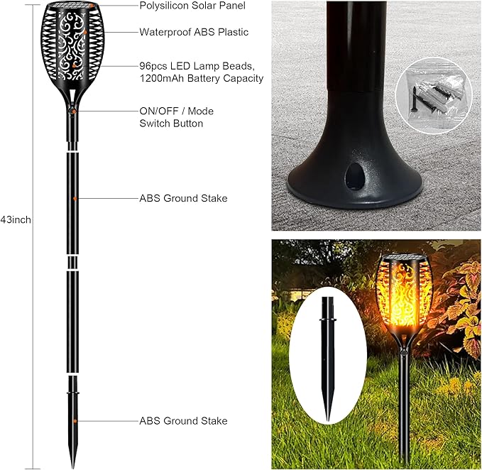Solar Lights Outdoor Waterproof 96 LED, Upgraded 43" Outdoor Lights, Solar Torch Light with Flickering Flame, Led Lights for Garden Decor, Patio, Yard, Pathway, 2Pack