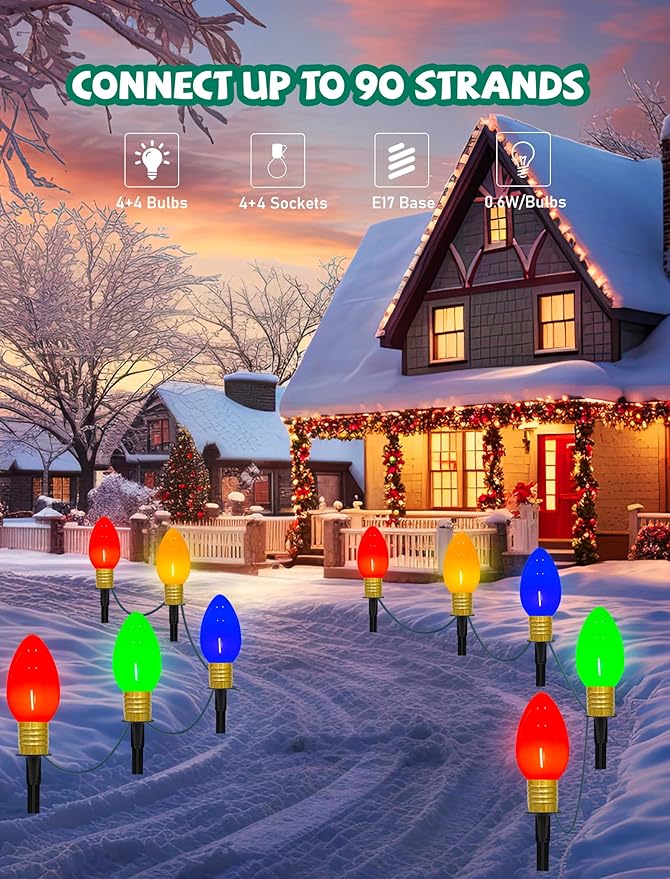 Jumbo C9 Christmas Pathway Lights Outdoor, 2Pk Total 14Ft Outdoor Christmas Decorations with 8 LED Jumbo C9 Multicolor Light Bulbs Christmas Walkway Lights for Lawn Holiday Yard Garden Sidewalk Decor